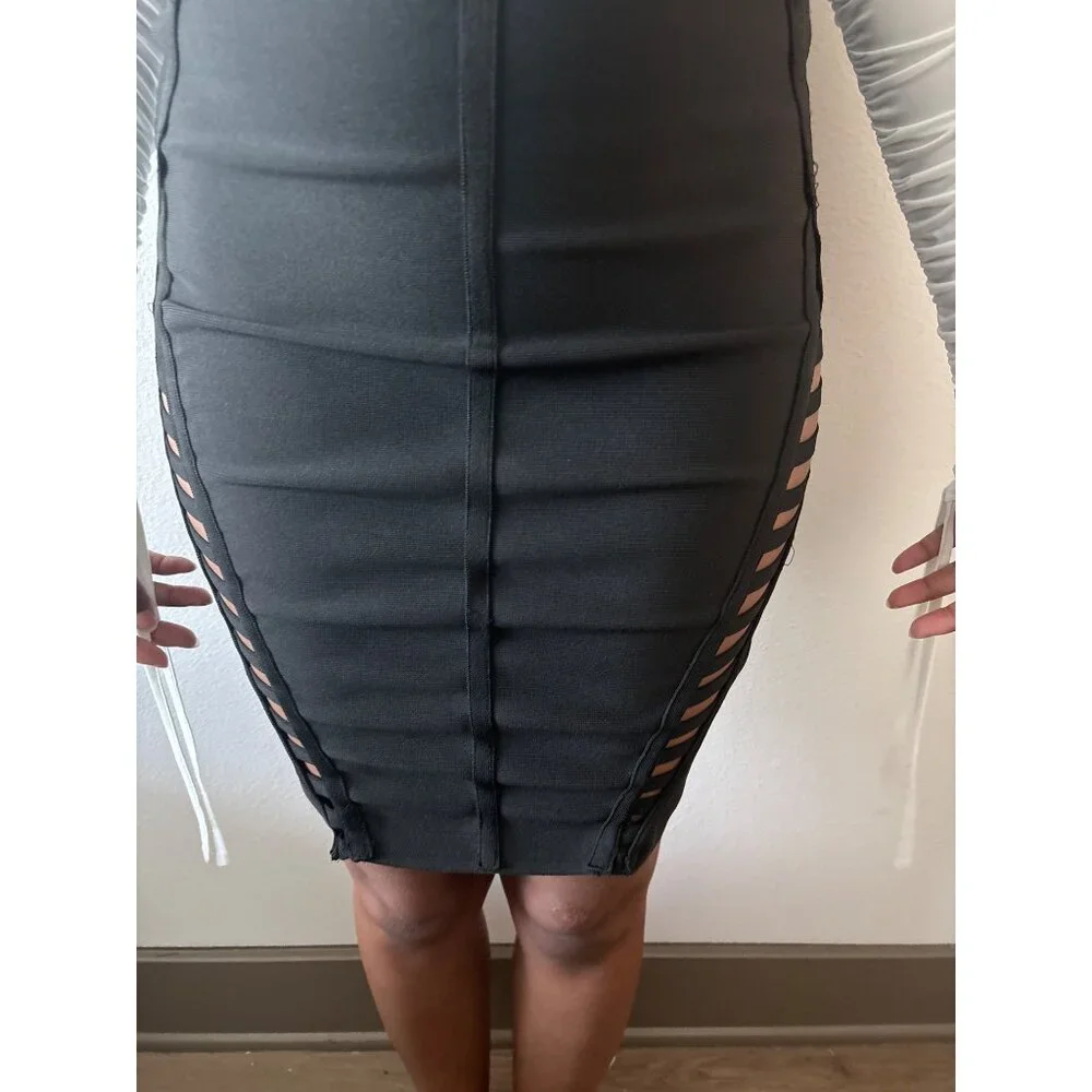 High Waist Skirt Size Medium Black Cutout Lattice Bodycon Stretch Bold Clubwear - Picture 10 of 16